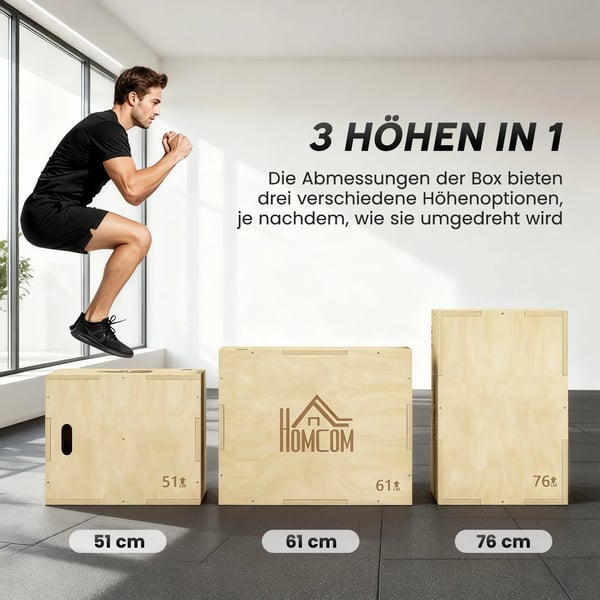 3-in-1 Plyo-laatikko Puinen Plyometrinen Hyppyboksi 3 Hyppykorkeudella ja Kahvoilla 61 x 51 x 76 cm Luonnonpuu