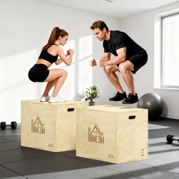 3-in-1 Plyo-laatikko Puinen Plyometrinen Hyppyboksi 3 Hyppykorkeudella ja Kahvoilla 61 x 51 x 76 cm Luonnonpuu