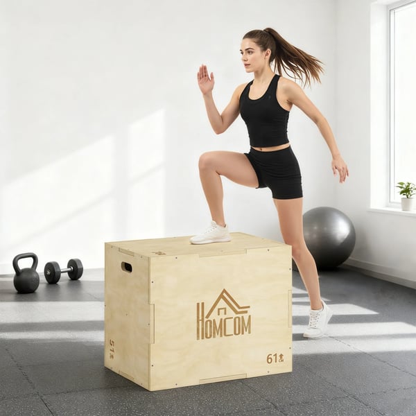 3-in-1 Plyo-laatikko Puinen Plyometrinen Hyppyboksi 3 Hyppykorkeudella ja Kahvoilla 61 x 51 x 76 cm Luonnonpuu
