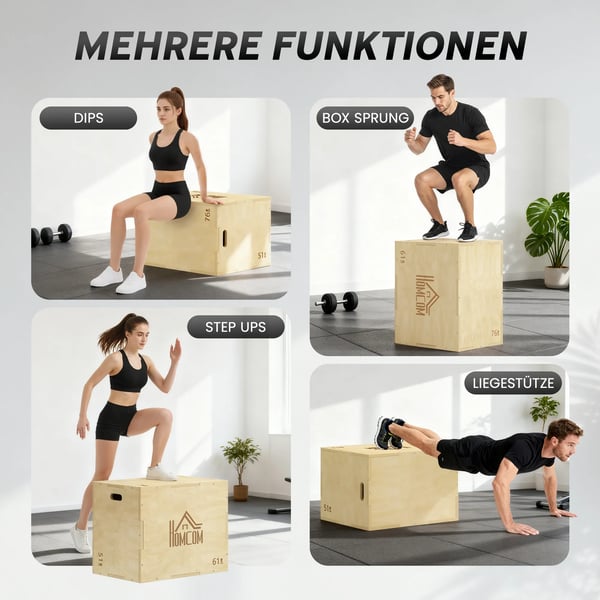 3-in-1 Plyo-laatikko Puinen Plyometrinen Hyppyboksi 3 Hyppykorkeudella ja Kahvoilla 61 x 51 x 76 cm Luonnonpuu
