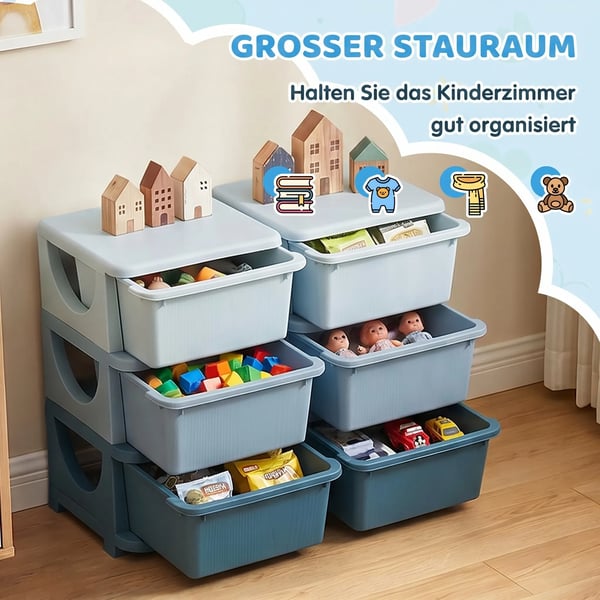 Barnförvaringslåda med lock, leksaksskåp för barn, 6 lådor, blå, PP-plast, 37x27.5x56.5 cm