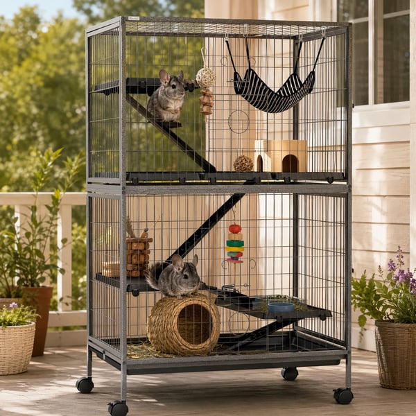 Häkki jyrsijöille Monikäyttöinen 4 alustaa 3 luiskaa 4 ovea Mitat 80L x 52W x 128H cm Teräs Harmaa Hopea Musta