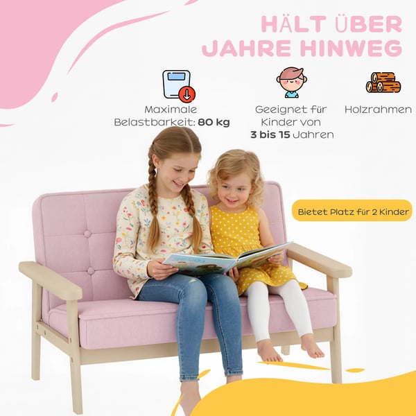 Børnesofa i rosa fløjlslook med træramme, polstret - til børn 3-15 år