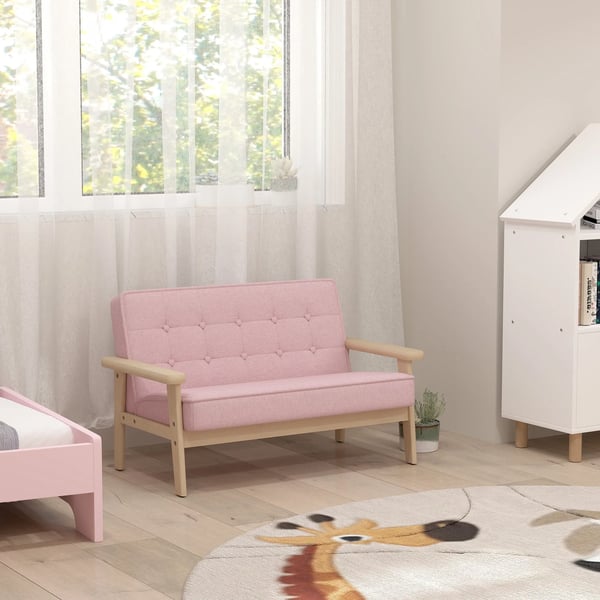 Børnesofa i rosa fløjlslook med træramme, polstret - til børn 3-15 år