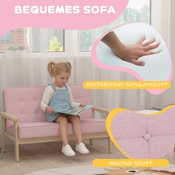 Børnesofa i rosa fløjlslook med træramme, polstret - til børn 3-15 år