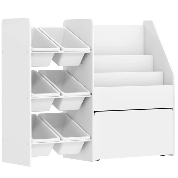 Legetøjshylde til Børneværelset med 6 Beholdere, Bogopbevaring og Rullende Kasse - 100x30x80 cm, Hvid MDF & Stål