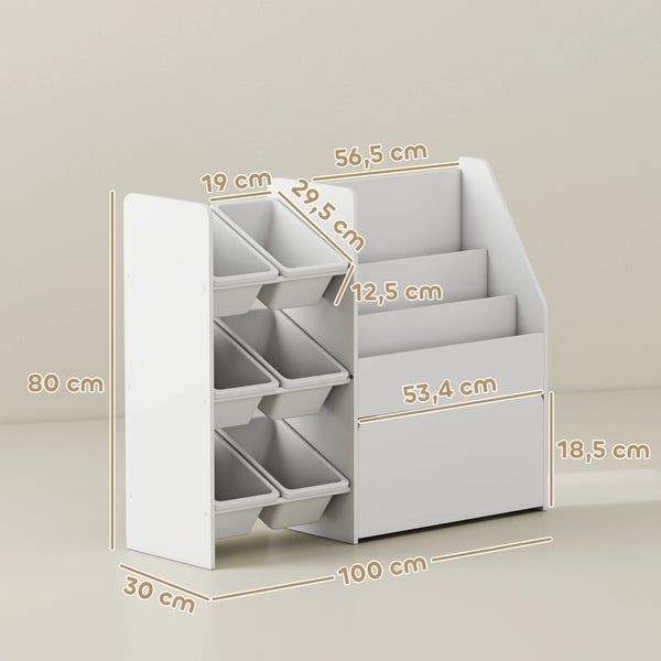 Legetøjshylde til Børneværelset med 6 Beholdere, Bogopbevaring og Rullende Kasse - 100x30x80 cm, Hvid MDF & Stål
