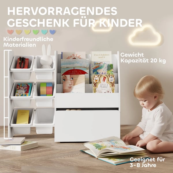 Legetøjshylde til Børneværelset med 6 Beholdere, Bogopbevaring og Rullende Kasse - 100x30x80 cm, Hvid MDF & Stål