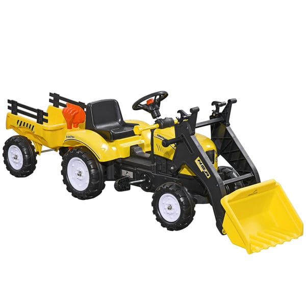 pedaltraktor med anhænger, pedalkøretøj med skovl, børnetraktor til børn fra 3 år, gul