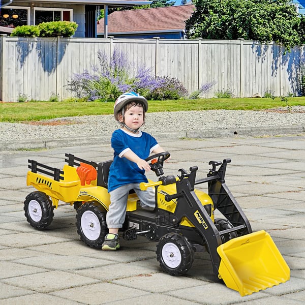pedaltraktor med anhænger, pedalkøretøj med skovl, børnetraktor til børn fra 3 år, gul