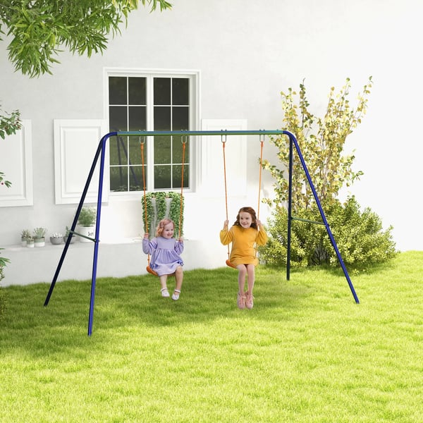 børnegynge-sæt, gyngestativ med 2 gynger, gynge-ramme, havesynge til to børn 3-8 år, stål, 2,69 x 1,6 x 1,8 m