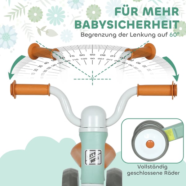 Løbecykel uden pedaler med 3 lydløse hjul til børn 12-36 mdr. Indendørs/udendørs brug, Grøn, Plastik