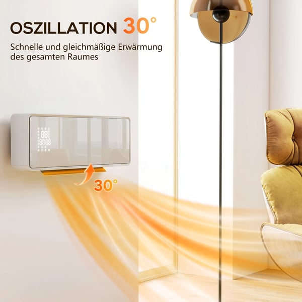 Seinään kiinnitettävä 2000W keraaminen sähkölämmitin, tuuletin, termostaatti, ajastin, kaukosäädin, lasipaneeli, valkoinen