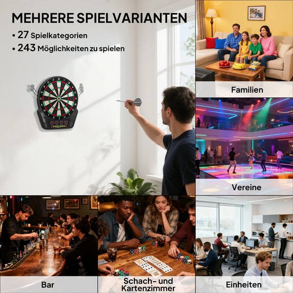 Elektronisk Dartskive med 6 pile, 27 spil, 243 variationer, 16 spillere, ABS/PP, Sort, 44x51.5x3.2cm