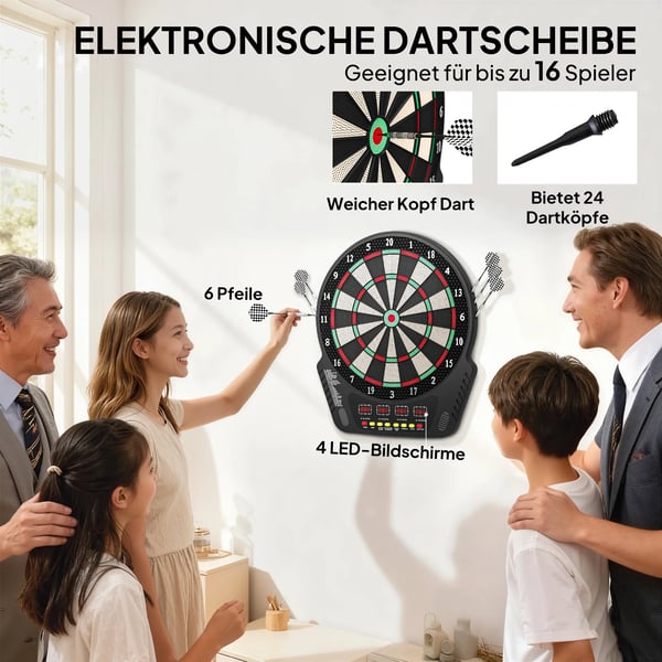 Elektronisk Dartskive med 6 pile, 27 spil, 243 variationer, 16 spillere, ABS/PP, Sort, 44x51.5x3.2cm