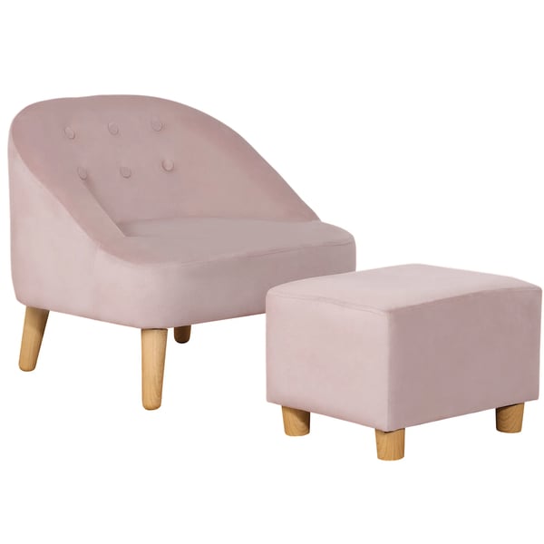 børnestol med fodskammel - Hyggelig sofa til børn fra 3 år, fløjlslook, eukalyptustræ, rosa, 51x51x50 cm