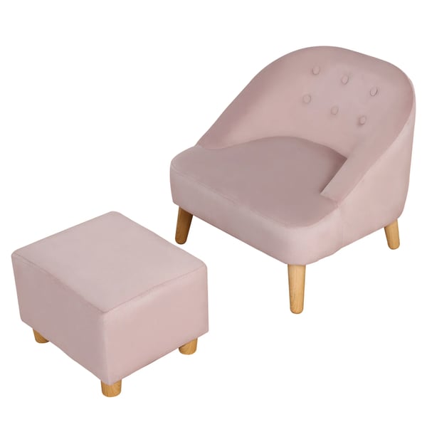børnestol med fodskammel - Hyggelig sofa til børn fra 3 år, fløjlslook, eukalyptustræ, rosa, 51x51x50 cm