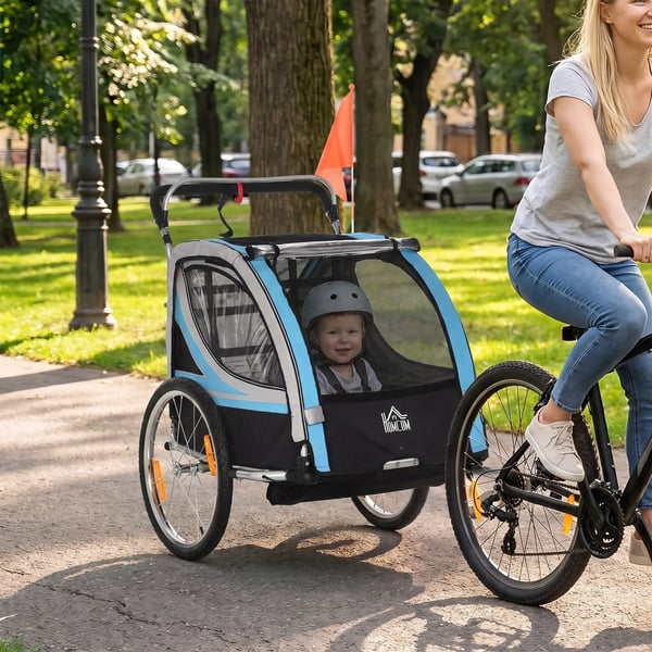 -polkupyörän peräkärry, 2-in-1-lastenrattaat, 360° kääntyvä, teräs ja Oxford-kangas, sininen ja musta