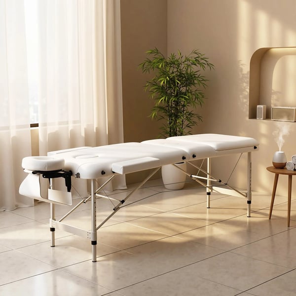 foldbar massagebriks, justerbar, m. nakkestøtte, aluminium, skum, plast, hvid