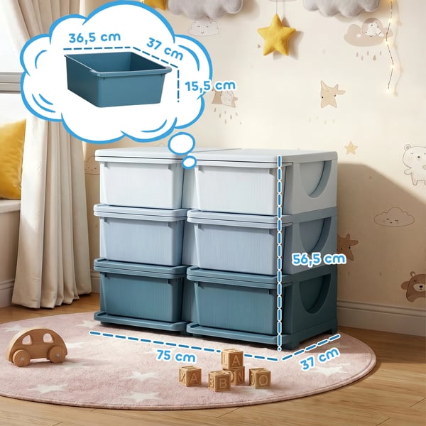 Barnförvaringslåda med lock, leksaksskåp för barn, 6 lådor, blå, PP-plast, 37x27.5x56.5 cm
