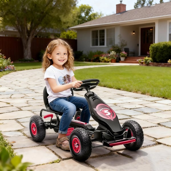 Gokart för barn, trampbil i röd och svart med justerbar sits och handbroms, för utomhusbruk, 5-12 år