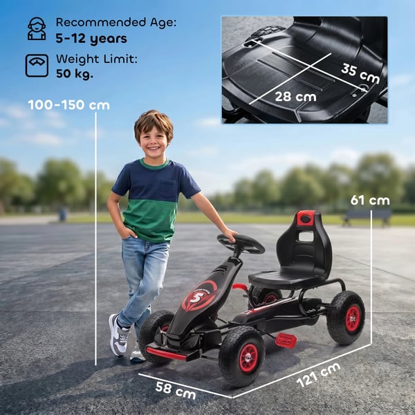 Gokart för barn, trampbil i röd och svart med justerbar sits och handbroms, för utomhusbruk, 5-12 år