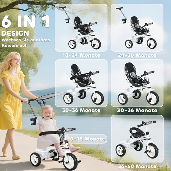 6-in-1 lasten kolmipyörä työntötangolla, irrotettava katos, säädettävä, tasapainopyörä, kuppiteline, kori, 1-5 vuotta, valkoinen