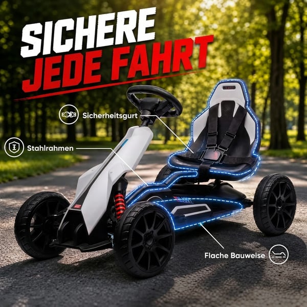 Elbil Gokart för barn, 12V, 3-5 km/h, Drifting Kart med säkerhetsbälte och ratt, 2 justerbara lägen, Vit