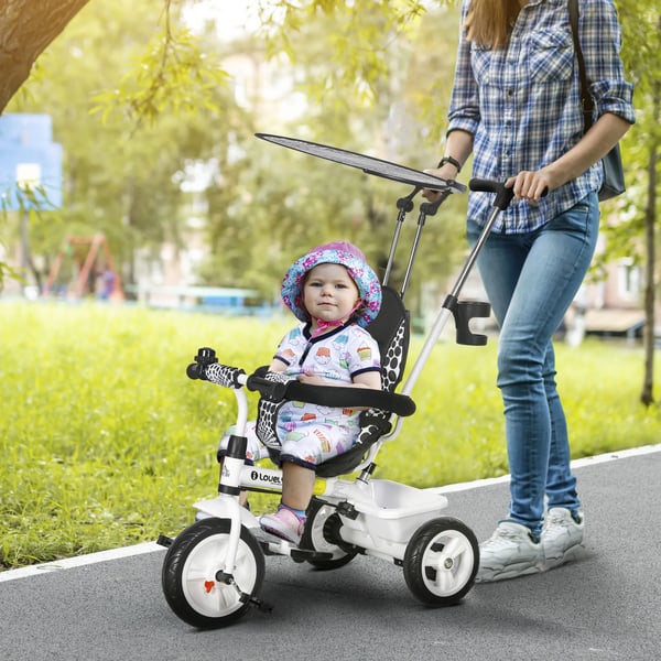 6-in-1 lasten kolmipyörä työntötangolla, irrotettava katos, säädettävä, tasapainopyörä, kuppiteline, kori, 1-5 vuotta, valkoinen