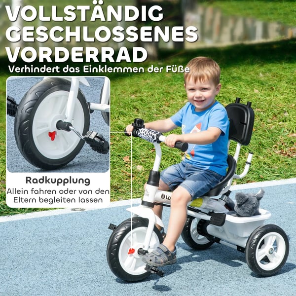 6-in-1 lasten kolmipyörä työntötangolla, irrotettava katos, säädettävä, tasapainopyörä, kuppiteline, kori, 1-5 vuotta, valkoinen