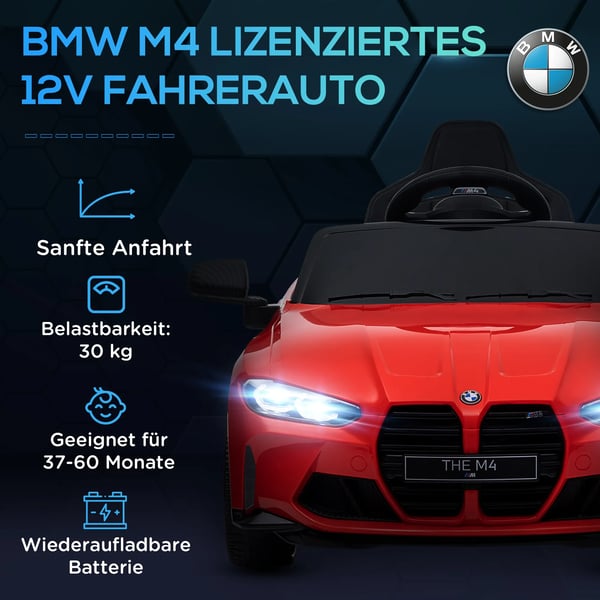 BMW M4 lasten sähkäuto 12V punainen, kauko-ohjattava, jousitus, MP3, LED, torvi