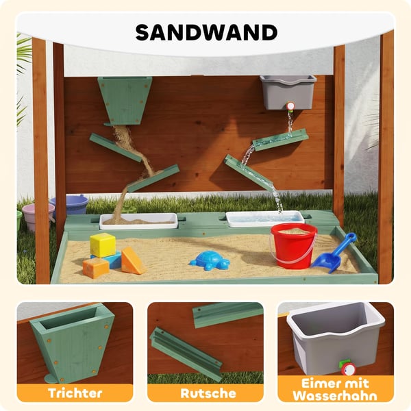 Sandkasse i grønt fyrretræ med tag, sæder og opbevaring - 116x112,5 cm