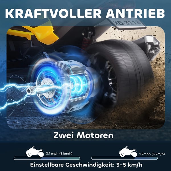 El-trehjuling för barn, omvänd design, batteridriven med MP3, signalhorn, 2 hastigheter, LED-lampor, 3-8 år, Gul, Plast/Metall