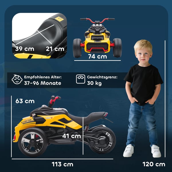El-trehjuling för barn, omvänd design, batteridriven med MP3, signalhorn, 2 hastigheter, LED-lampor, 3-8 år, Gul, Plast/Metall