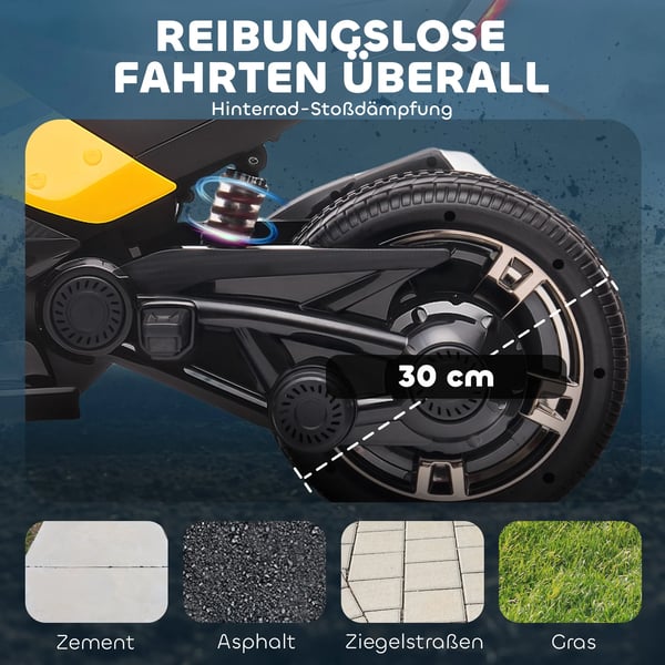 El-trehjuling för barn, omvänd design, batteridriven med MP3, signalhorn, 2 hastigheter, LED-lampor, 3-8 år, Gul, Plast/Metall