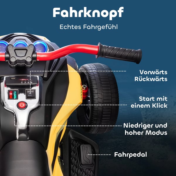 El-trehjuling för barn, omvänd design, batteridriven med MP3, signalhorn, 2 hastigheter, LED-lampor, 3-8 år, Gul, Plast/Metall