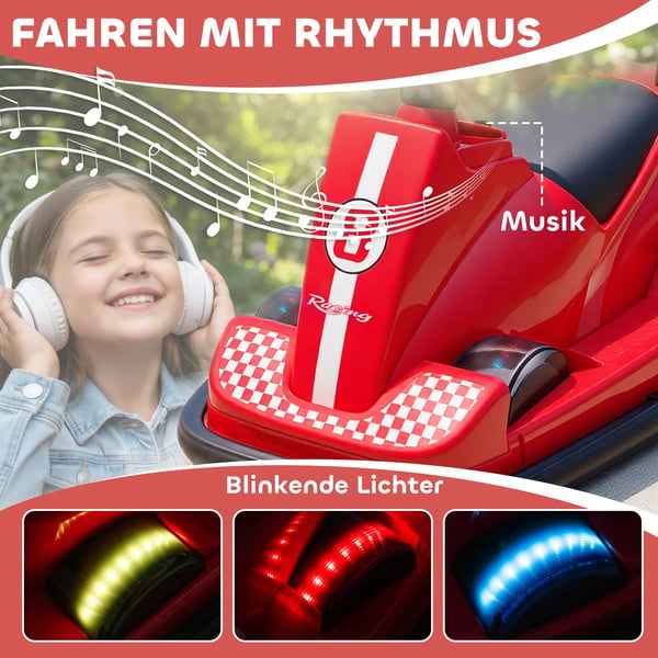 Radiostyrd Bumper Car för Barn - Röd, Metall/Plast, 360° Rotation, Musik & LED-Lampor, 3-8 år