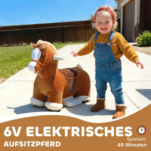Kørbart Ridehest til Børn, Blødt Betræk, Batteridrevet, Musik, Hjul, 1,5-5 År, Brun