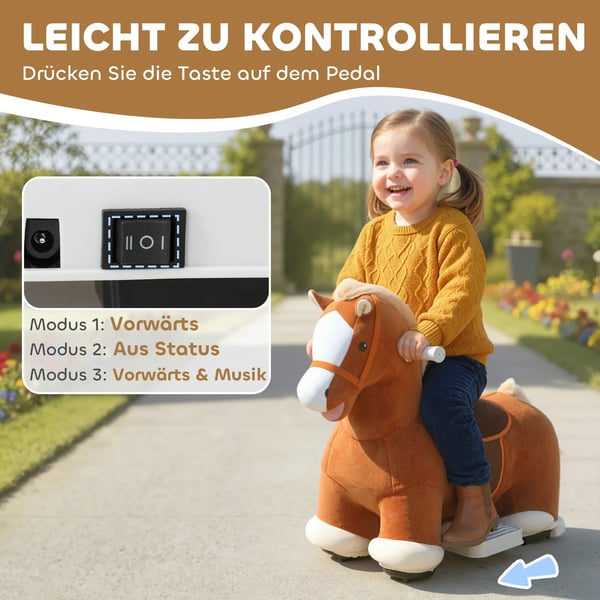 Kørbart Ridehest til Børn, Blødt Betræk, Batteridrevet, Musik, Hjul, 1,5-5 År, Brun