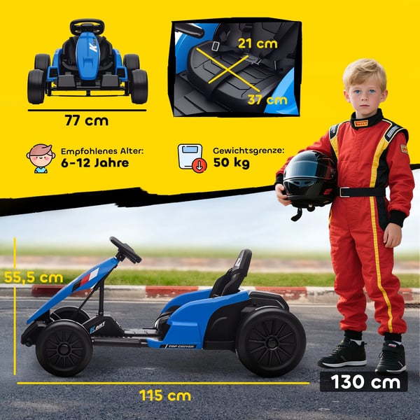 24V Elektrisk Gokart, Drifta-läge, Justerbart Säte, 5-punkts Säkerhetsbälte, Musikfunktion, Signalhorn, 6-12 År, Blå