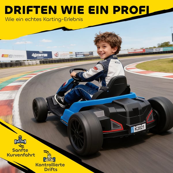 24V Elektrisk Gokart, Drifta-läge, Justerbart Säte, 5-punkts Säkerhetsbälte, Musikfunktion, Signalhorn, 6-12 År, Blå