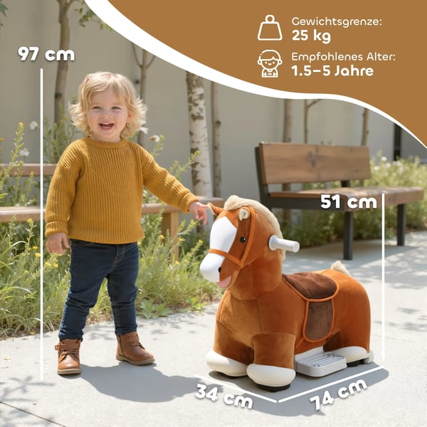 Kørbart Ridehest til Børn, Blødt Betræk, Batteridrevet, Musik, Hjul, 1,5-5 År, Brun