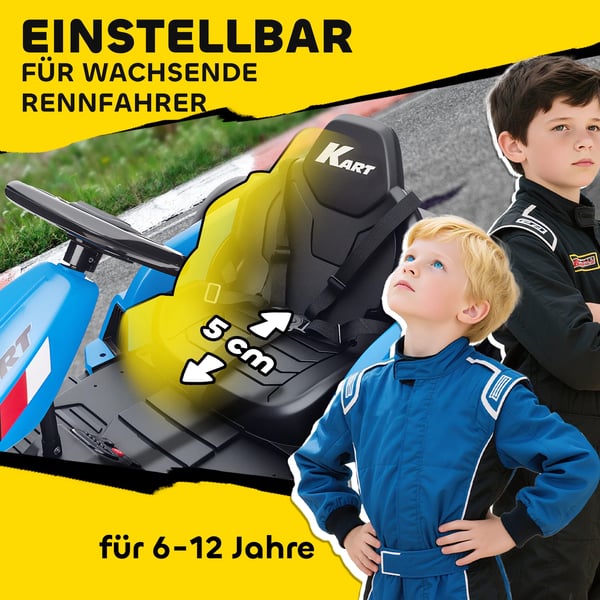 24V Elektrisk Gokart, Drifta-läge, Justerbart Säte, 5-punkts Säkerhetsbälte, Musikfunktion, Signalhorn, 6-12 År, Blå
