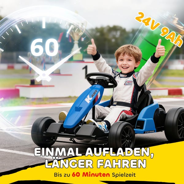 24V Elektrisk Gokart, Drifta-läge, Justerbart Säte, 5-punkts Säkerhetsbälte, Musikfunktion, Signalhorn, 6-12 År, Blå