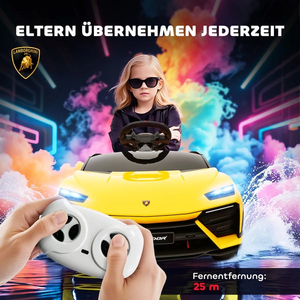 Børne Elbil 12V med Fjernbetjening, Musik og LED - Gul