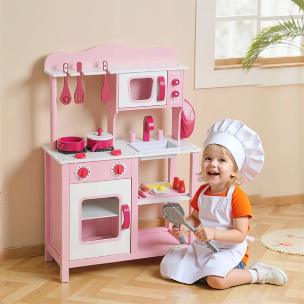 Legekøkken for børn i træ, pink, med tilbehør, kompakt design, 47 cm bordplade, 3-6 år