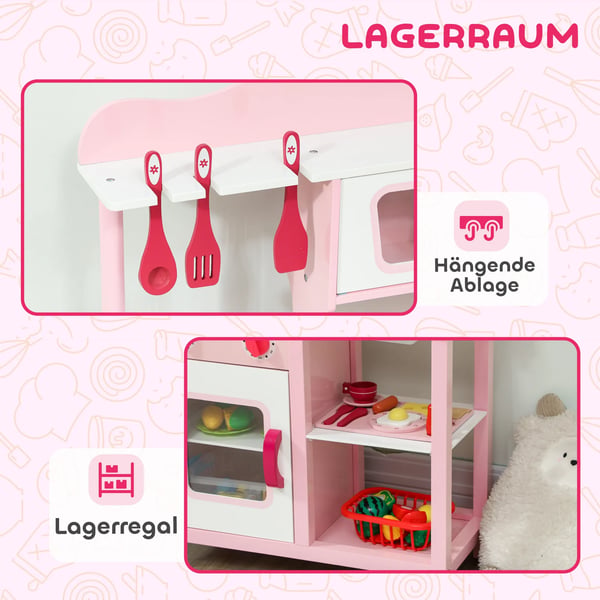 Legekøkken for børn i træ, pink, med tilbehør, kompakt design, 47 cm bordplade, 3-6 år
