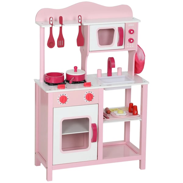 Legekøkken for børn i træ, pink, med tilbehør, kompakt design, 47 cm bordplade, 3-6 år