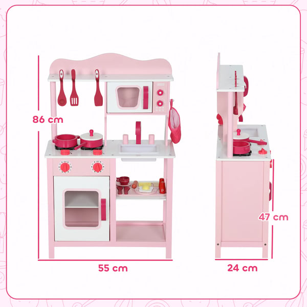 Legekøkken for børn i træ, pink, med tilbehør, kompakt design, 47 cm bordplade, 3-6 år