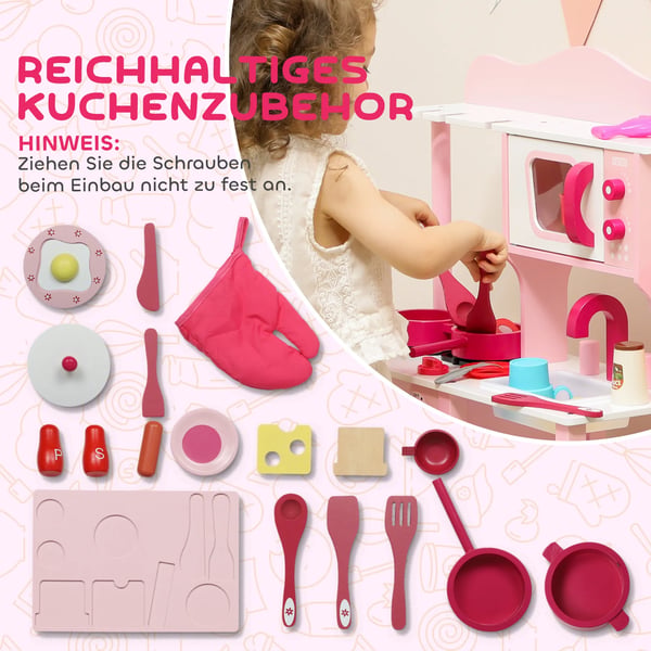 Legekøkken for børn i træ, pink, med tilbehør, kompakt design, 47 cm bordplade, 3-6 år